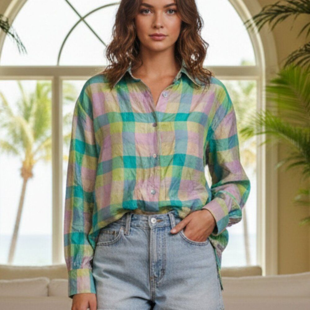 Vintage Ice 100% Silk Plaid Shirt Size 14 - Green Purple Blue Long Sleeve